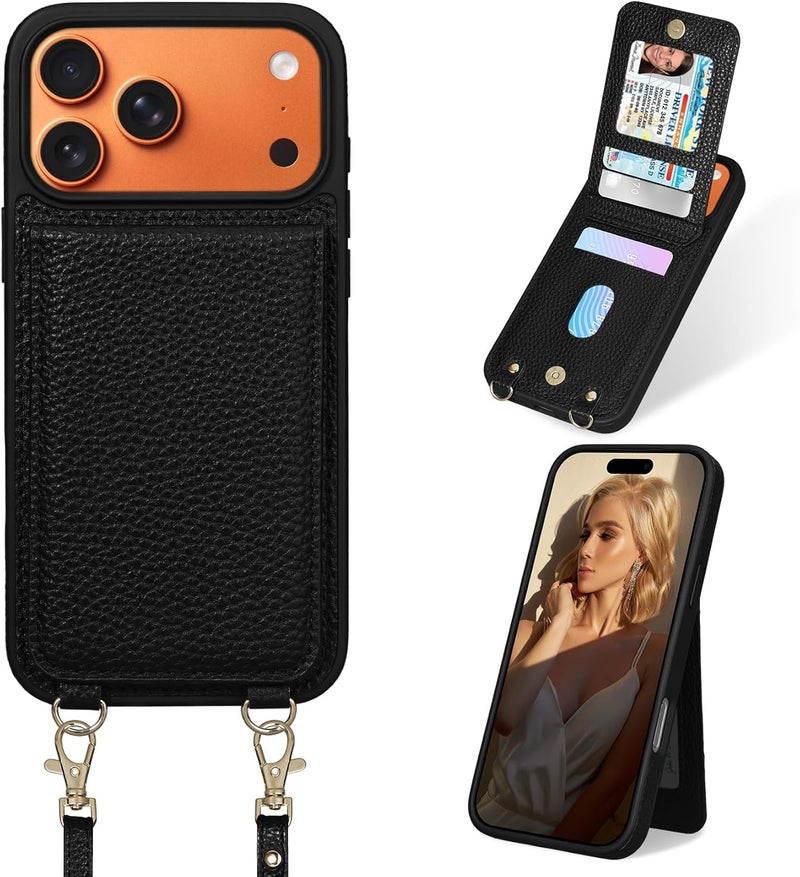 Keallce Case for iPhone 17 Pro Max 6.9'', Crossbody Wallet Case Purse with RFID Blocking 3 Card Holders, Flip Folio Leather Cover with Lanyard Wristlet Strap Women Lady for iPhone 17 Pro Max, Black - Image 1